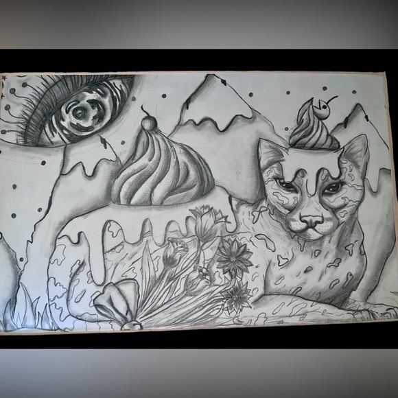 Original signed by artist art abstract cat eye in the sky sketch 8.5x12” - Picture 2 of 5